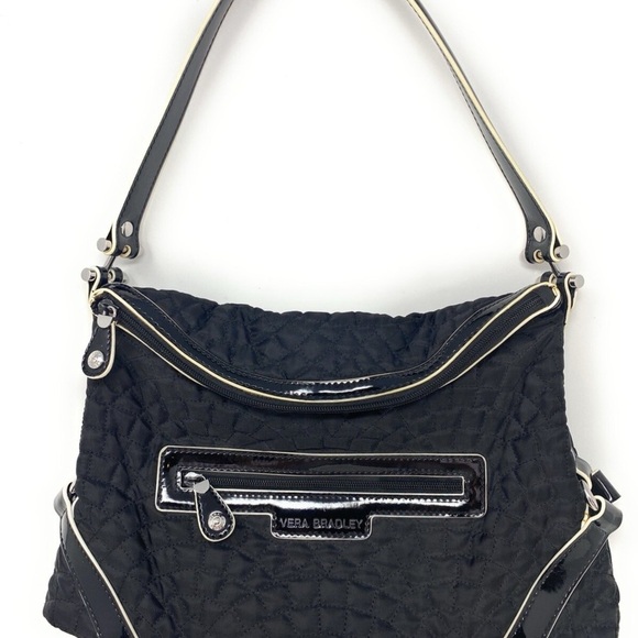 Vera Bradley Handbags - Vera Bradley Black Microfiber patent leather black & wht trim Satchel Handbag G1